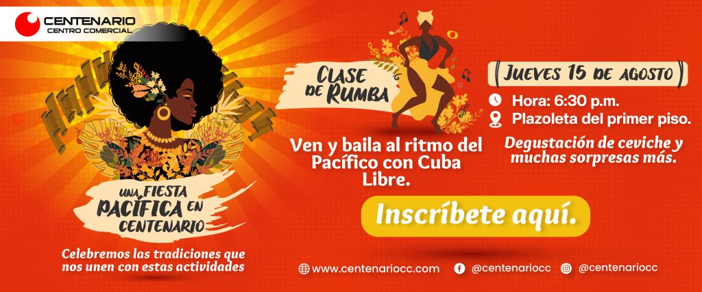 alt= invitación a clase de rumba al ritmo del pacífico, celebrando el Petronio Álvarez.